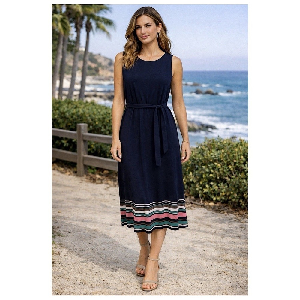 J. Jill Sleeveless Jersey Midi Dress Womens Sz M Blue Striped Hem Belted